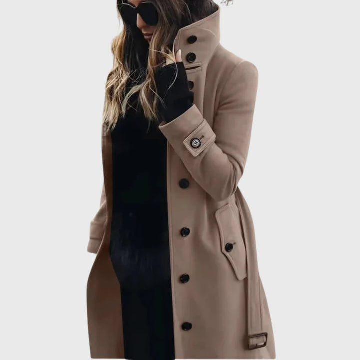 Front view of a water-repellent long trench coat in beige with an adjustable belt and classic lapels