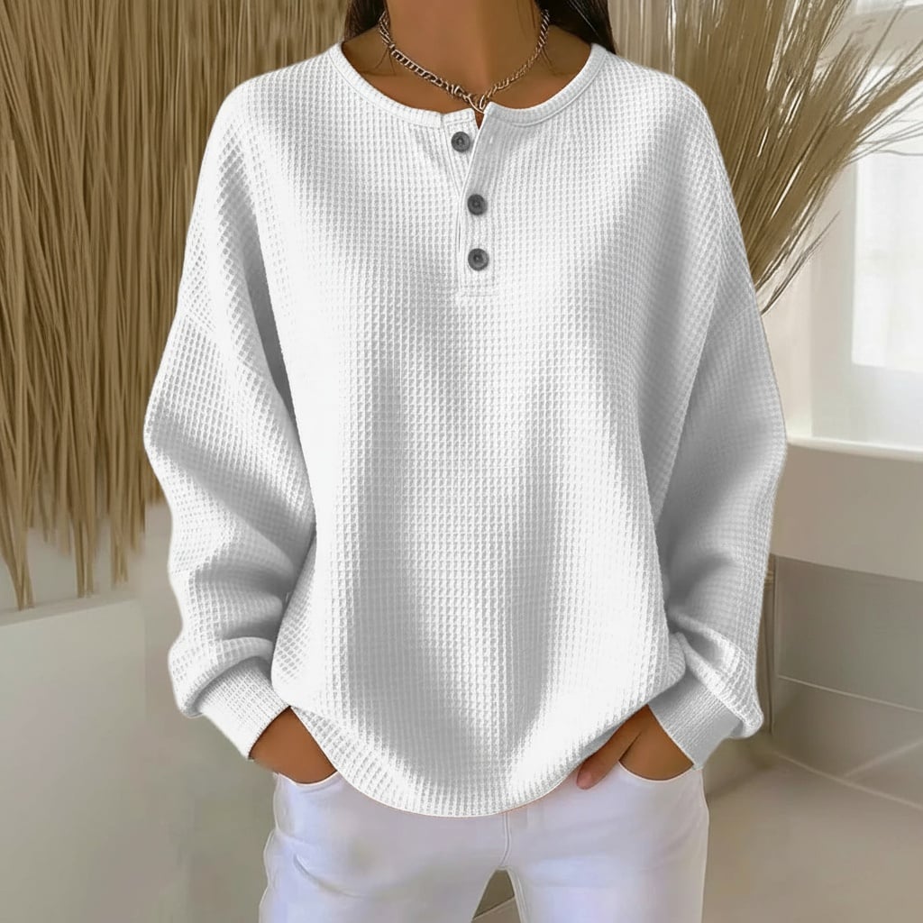 Side view of the Alexa cozy waffle sweater highlighting the easy relaxed fit and clean lines