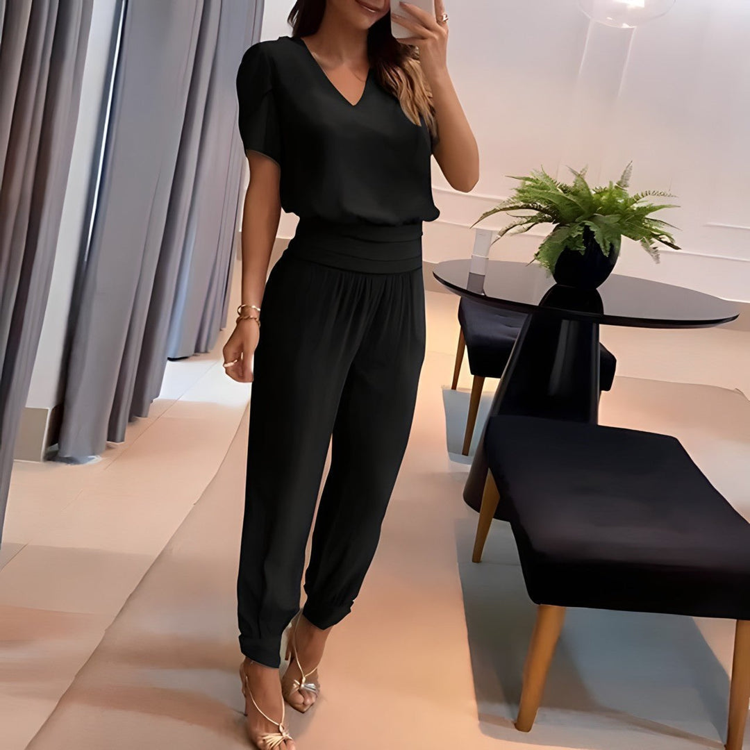 BobaFashion trendy two-piece set shown in black, featuring puff sleeves and a relaxed yet polished fit