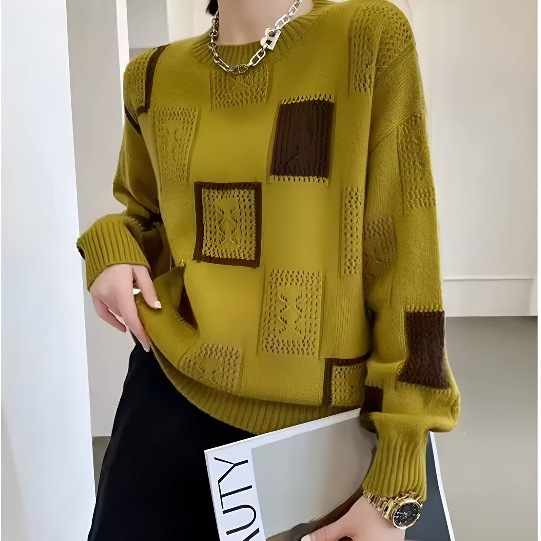 Front view of the Elegant Squares Sweater in white highlighting the flattering silhouette and chic square design