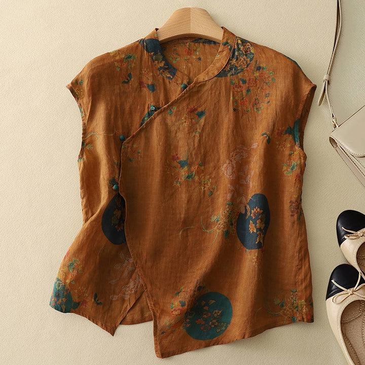 BobaFashion Amanda vintage sleeveless top styled with high-waisted bottoms in a warm-toned floral print