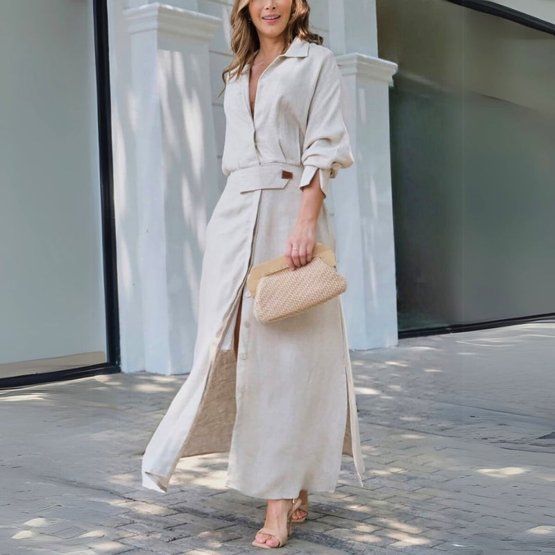 BobaFashion Amara lightweight V-neck maxi dress in a flowing silhouette, shown in a warm neutral tone