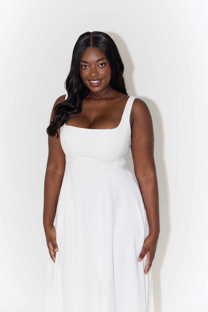Full-length front view of the BobaFashion flowy midi dress in sage green