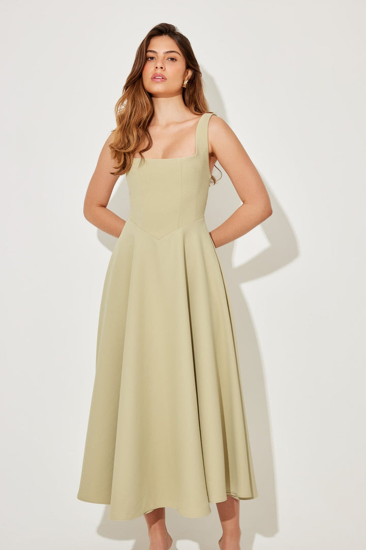 Group shot of the BobaFashion midi dress shown in all four colors: white, black, red, and sage
