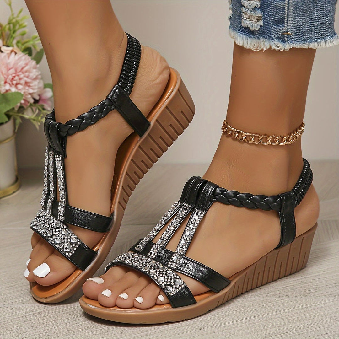 Aria shimmer wedge sandals in silver, close-up of sparkle upper and wedge