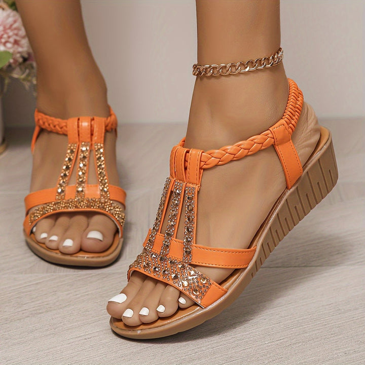 Aria shimmer wedge sandals in light blue, front view with soft shimmer detail