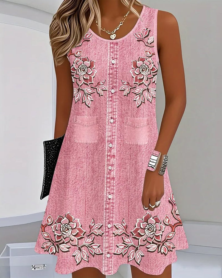 Model wearing the Arianna sleeveless dress styled with sandals, showcasing its relaxed flattering fit