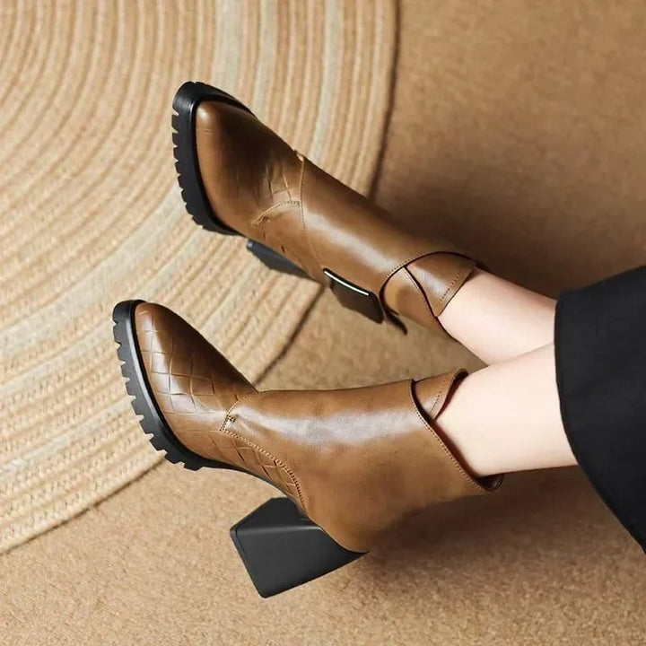 BobaFashion Aziel khaki boots shown from the back highlighting the heel design