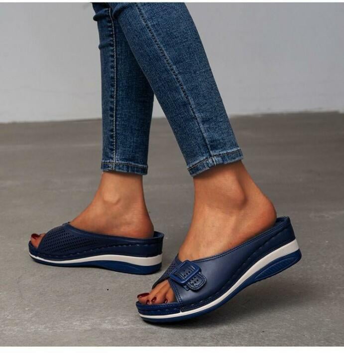 Babette orthopedic flat sandal in dark blue shown from above displaying adjustable strap detail
