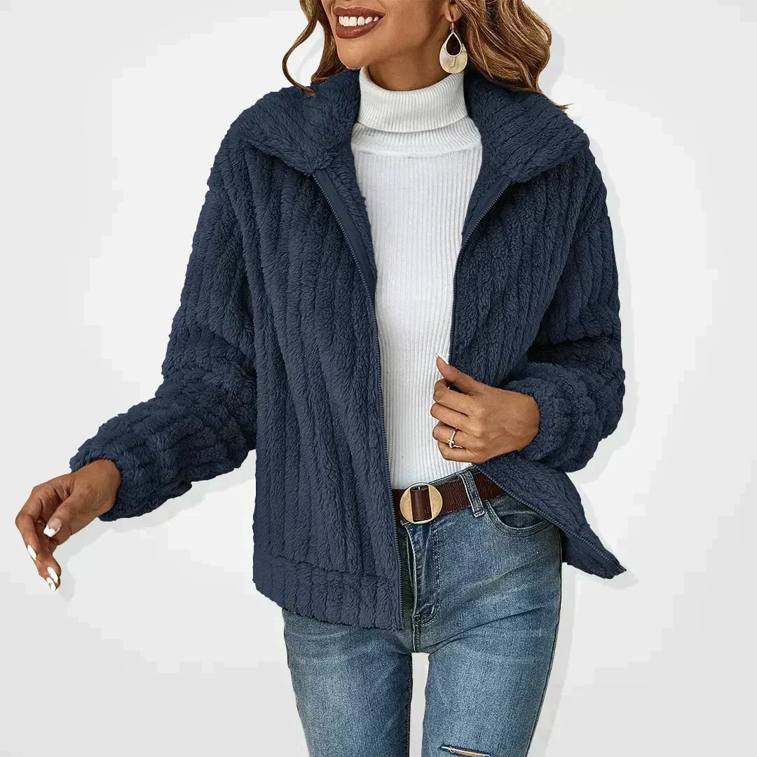 Front view of the Bailey elegant jacket showing soft plush fabric and flattering tailored fit