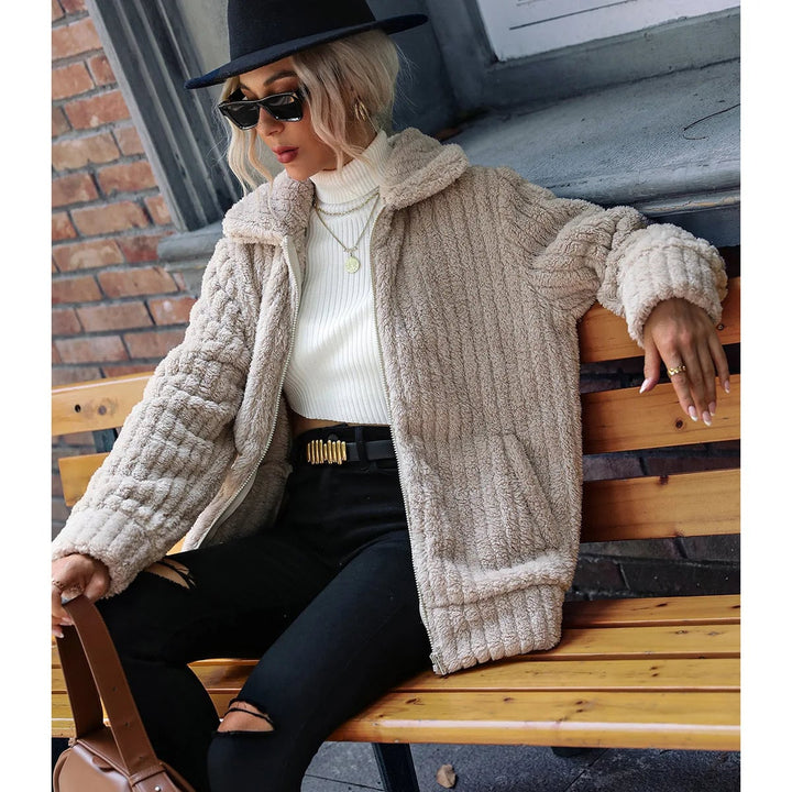 Side view of the Bailey elegant jacket highlighting its graceful drape and streamlined shape