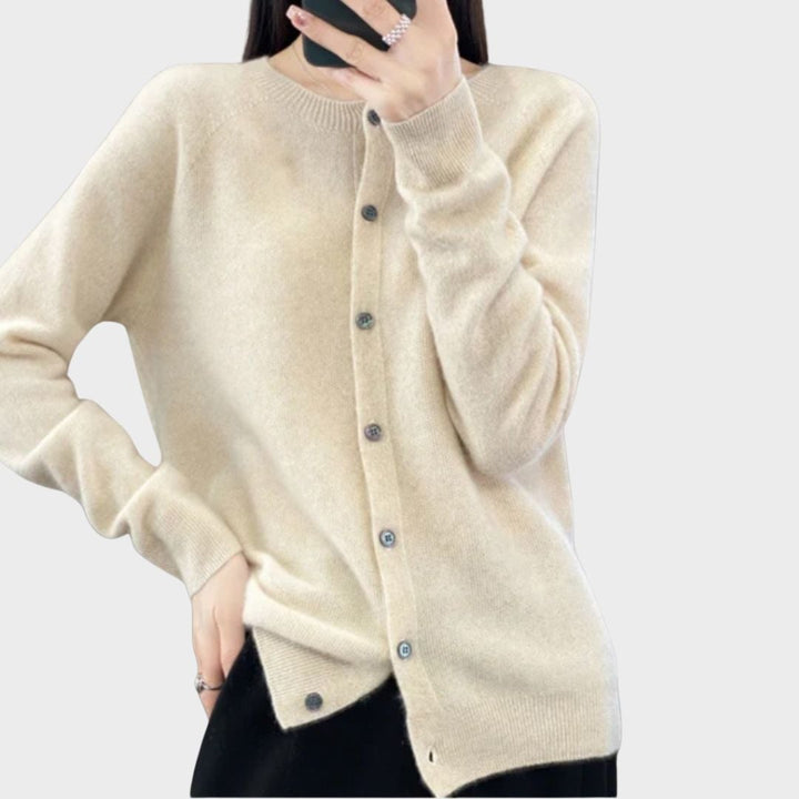 Side profile of model in Bella cardigan showcasing the flattering, flowing silhouette