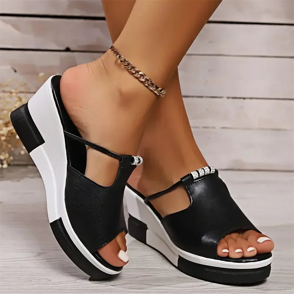 Belle orthopedic wedge sandal in white, side profile view highlighting padded insole and balanced heel