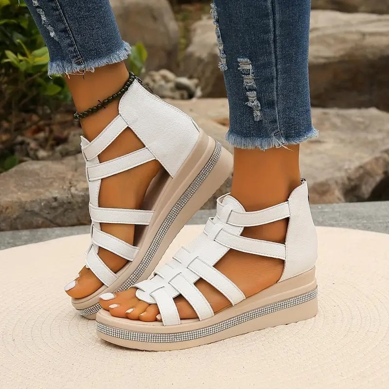Blythe wedge sandals in white highlighting strap detail and wedge height