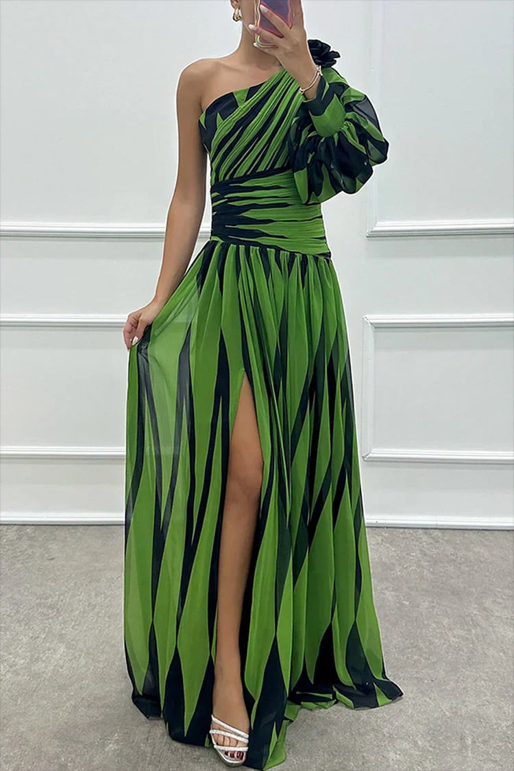 Front view of a striped one-shoulder maxi dress with a front slit in rose red