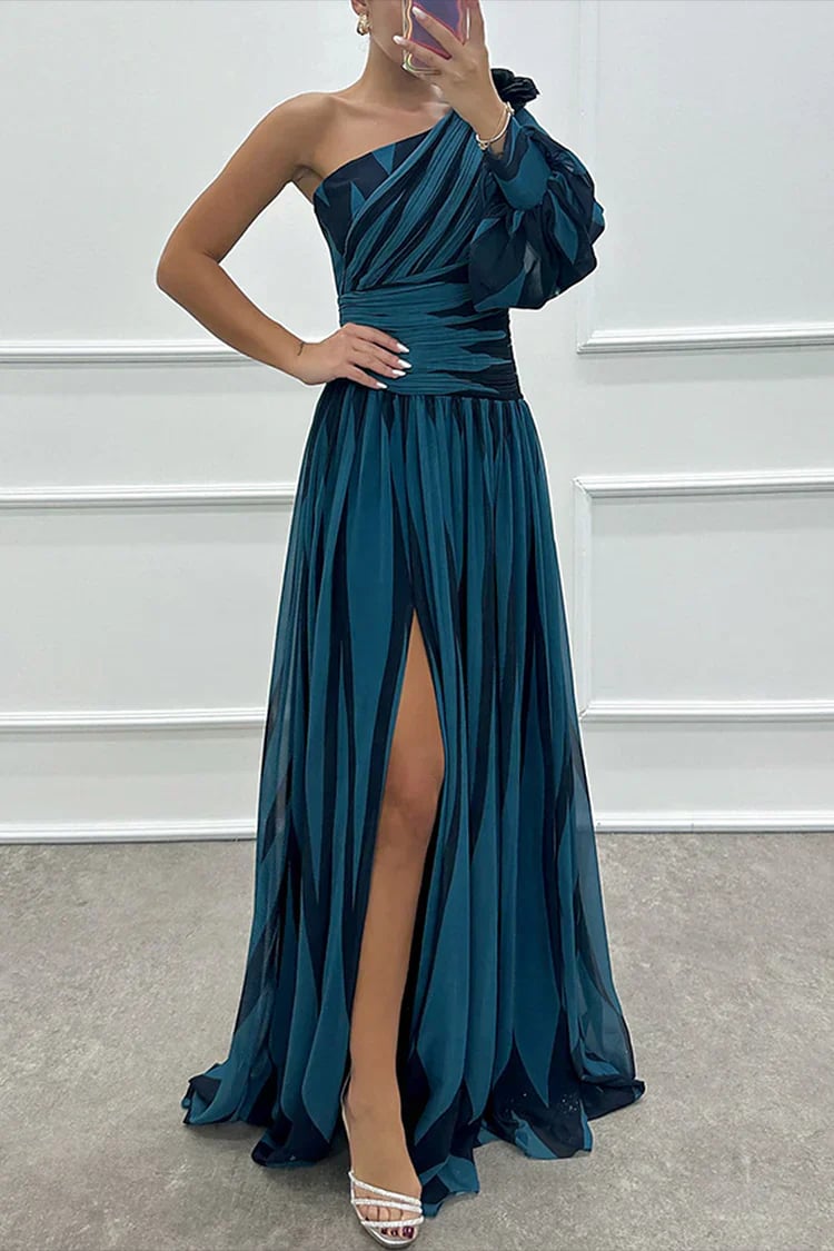 Full-body front view of a rose red striped one-shoulder maxi dress with a front slit detail