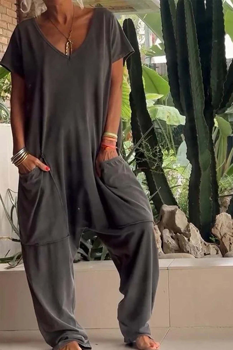 Front view of the BobaFashion Breezy jumpsuit in sky blue showing the soft V-neckline and cap sleeves