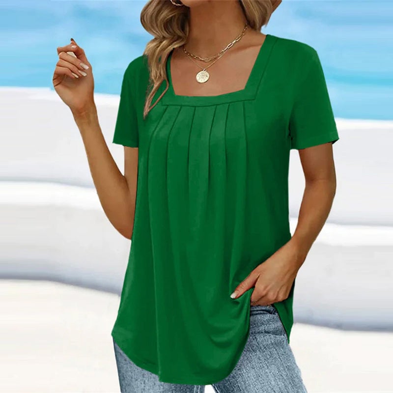 Close-up of the soft front pleats and square neckline on the BobaFashion elegant pleated blouse