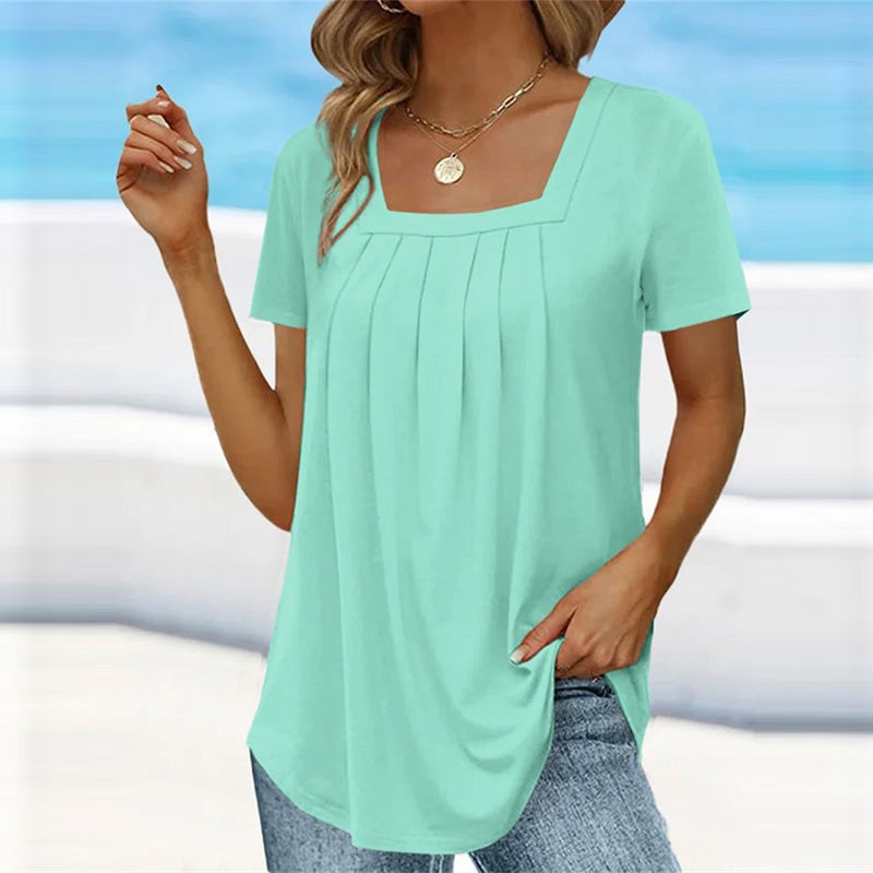 BobaFashion pleated blouse in Emerald Green showing the flattering neckline and drape