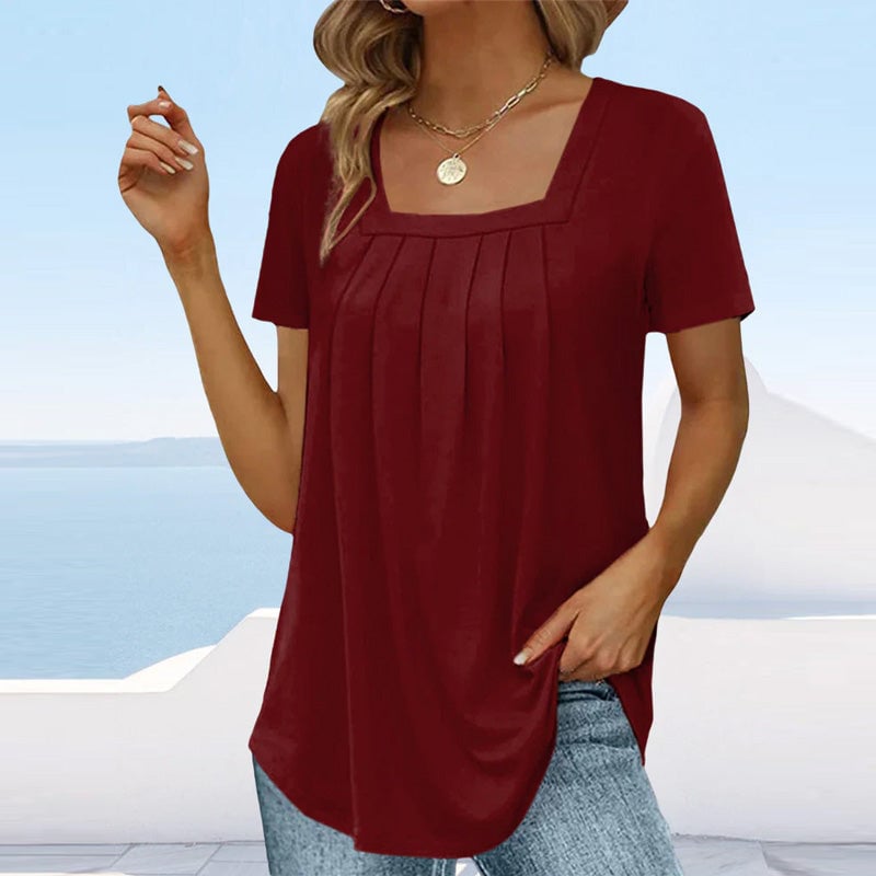 Full-length view of model wearing the BobaFashion pleated blouse in Burgundy Wine