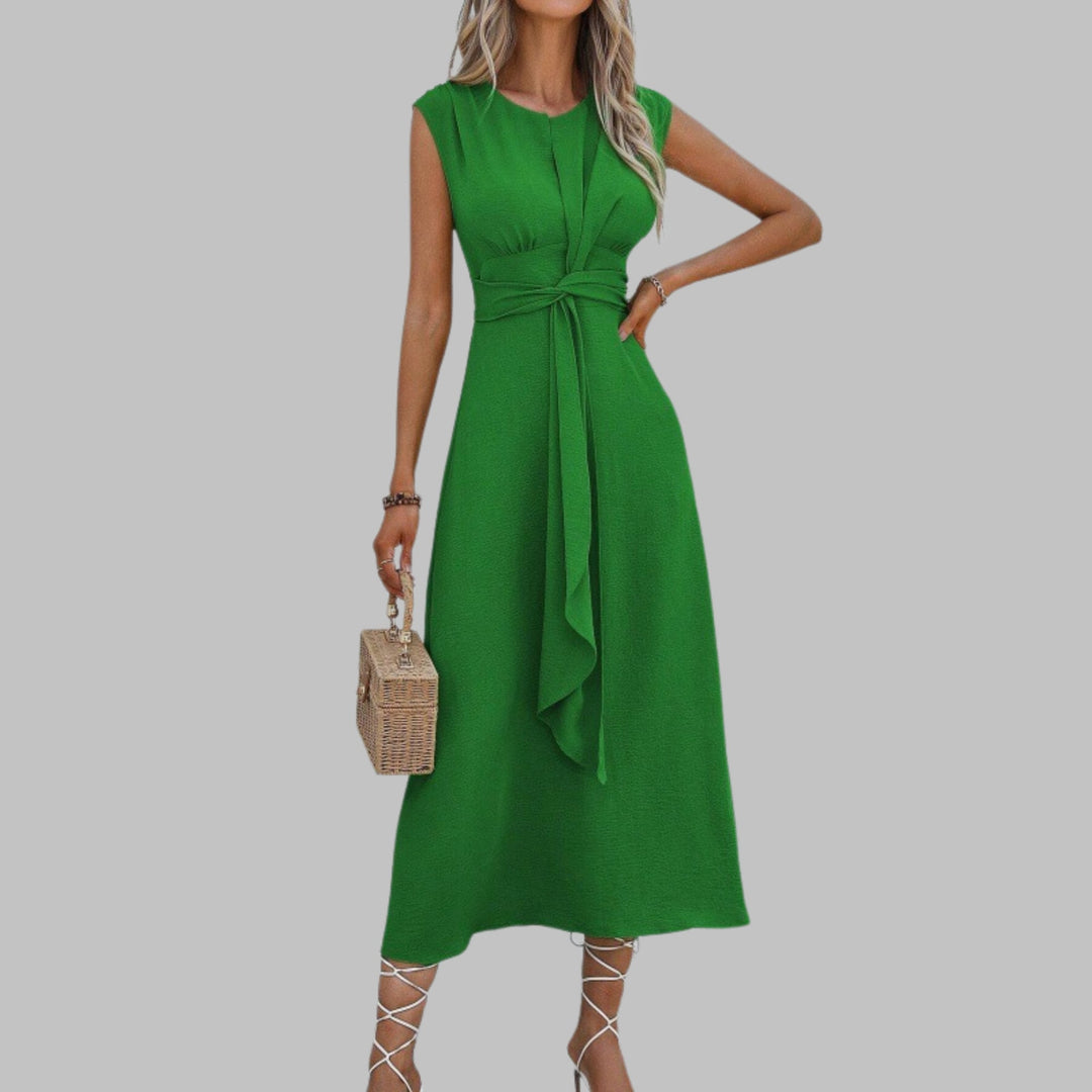 Front view of an elegant sleeveless round neck maxi dress in a flowing silhouette, shown in green