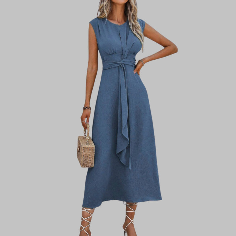 Full-length side profile of a lightweight sleeveless maxi dress with graceful drape