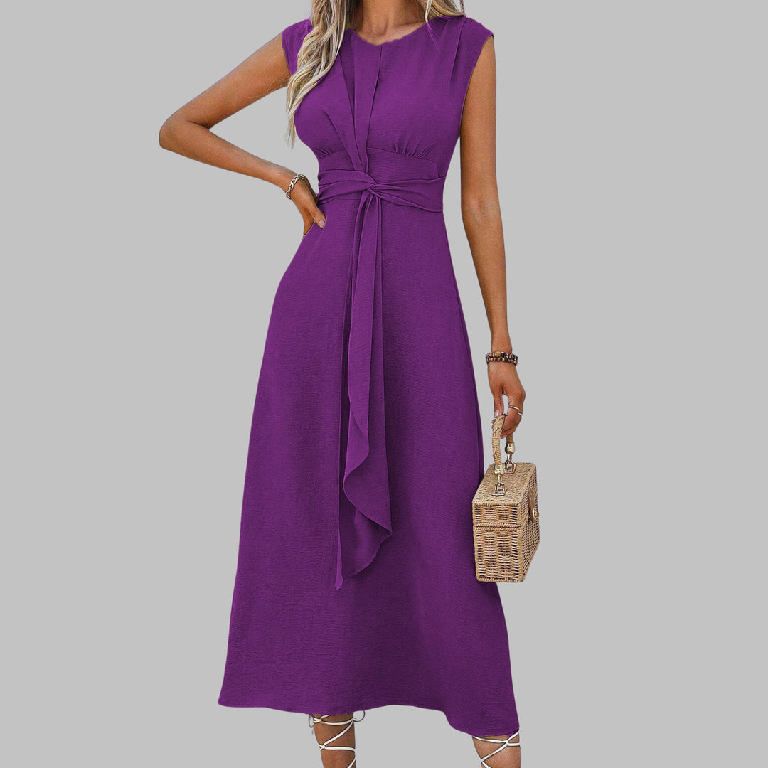 Flat lay of an elegant sleeveless maxi dress in black showing full length and silhouette