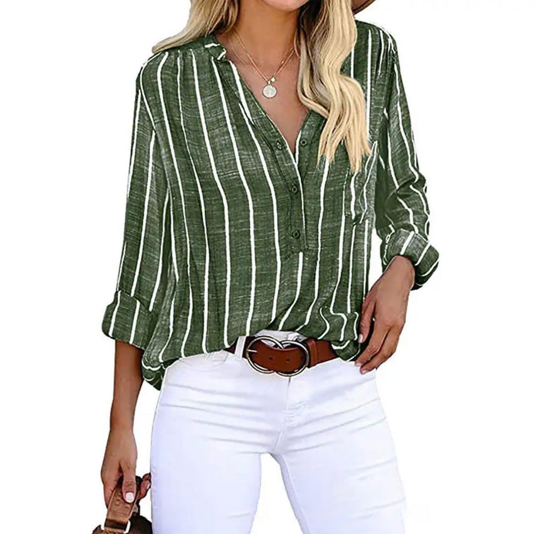Light blue striped blouse close-up of collar and button-down placket detail