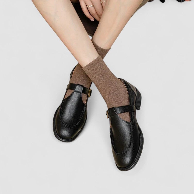 BobaFashion Carla square-toe Mary Jane shoes in black with T-strap detail, front view on white background