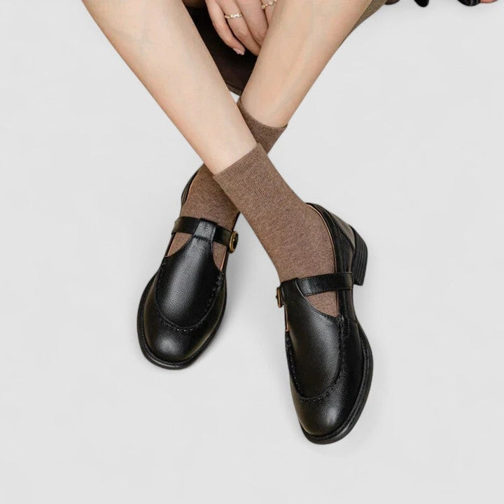 BobaFashion Carla square-toe Mary Jane shoes in black with T-strap detail, front view on white background