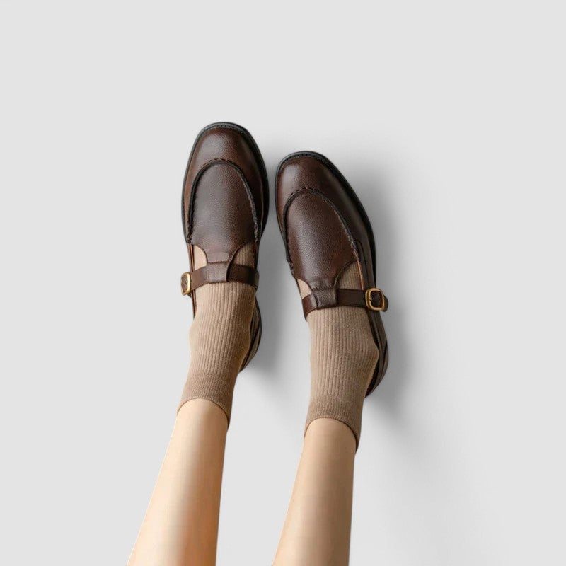 BobaFashion Carla orthopedic Mary Jane shoes in black, side profile showing square toe and ankle strap