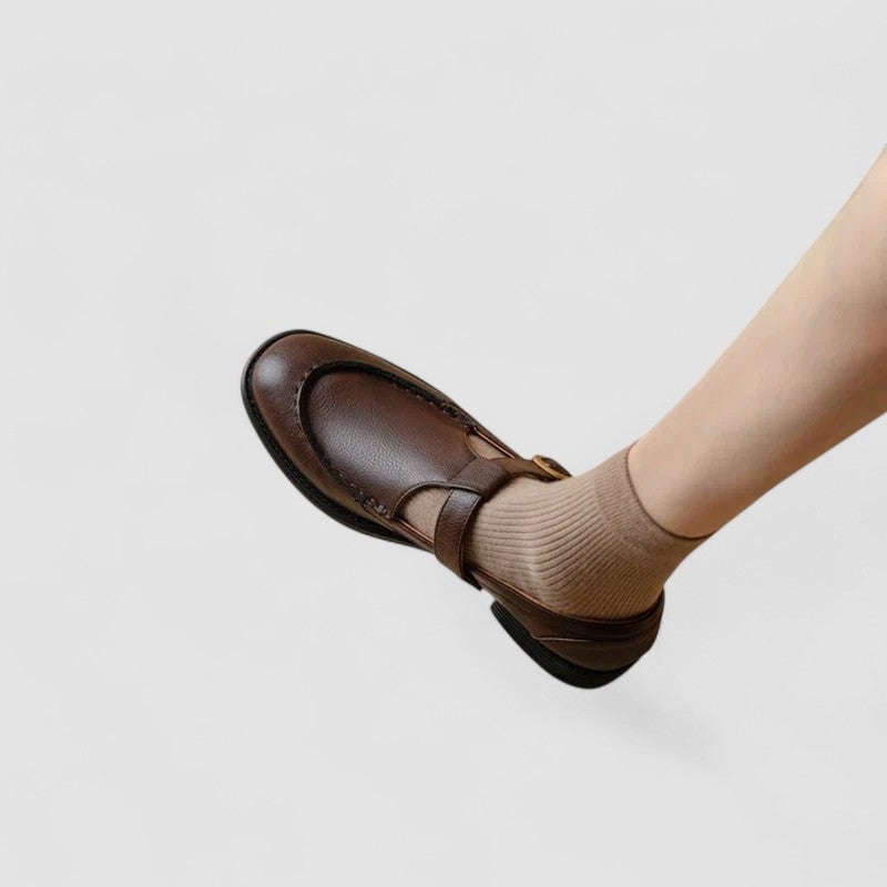 BobaFashion Carla Mary Jane shoes in brown, front three-quarter view on white background