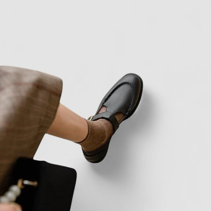 BobaFashion Carla square-toe Mary Janes in brown, side view highlighting flexible construction