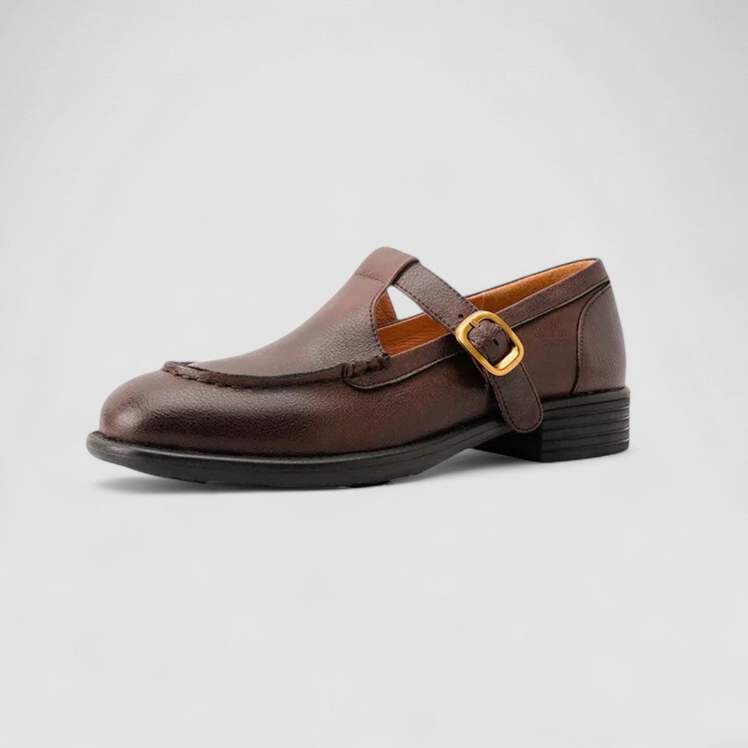 Lifestyle shot of BobaFashion Carla orthopedic Mary Jane shoes worn with a midi dress