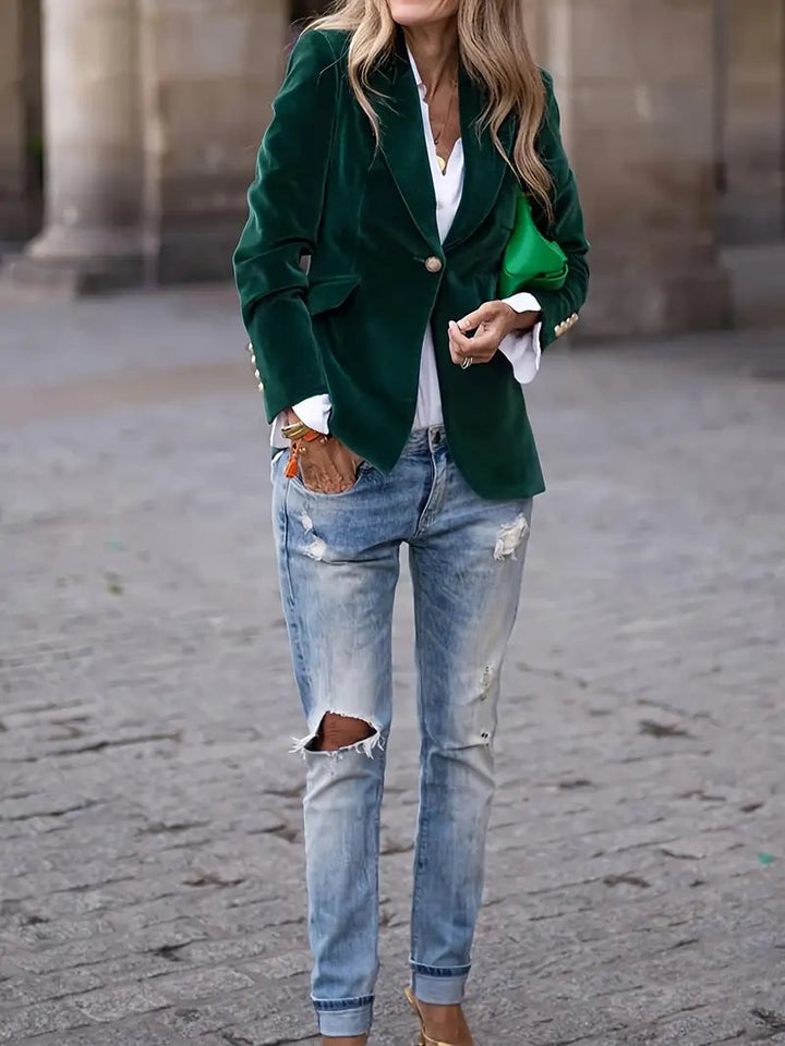BobaFashion elegant velvet blazer in black displayed flat on a neutral background