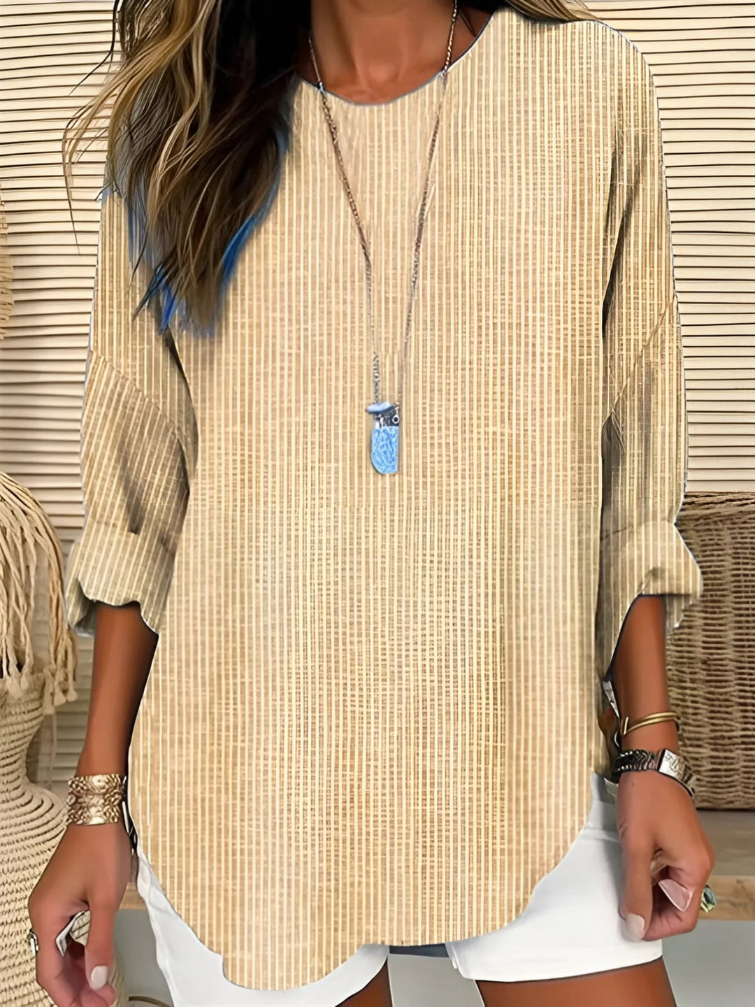 Front view of the BobaFashion Cecilia striped blouse showing flattering drape and stripe detail
