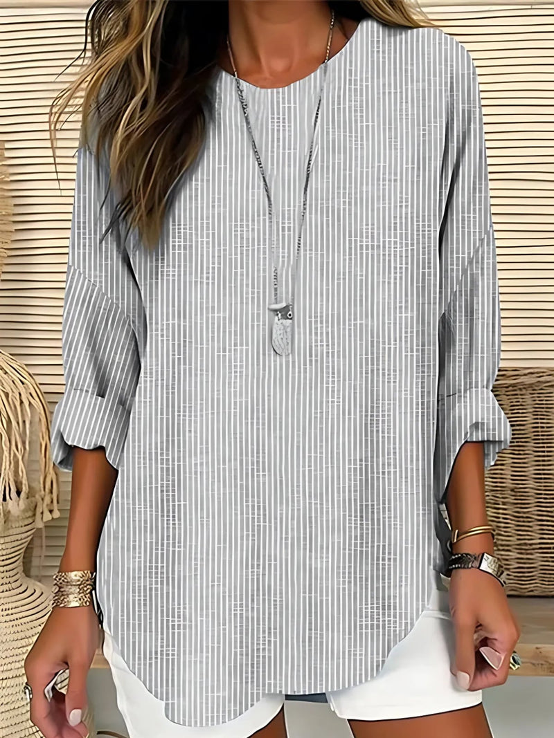 Close-up of the striped pattern on the BobaFashion Cecilia blouse in a neutral colorway