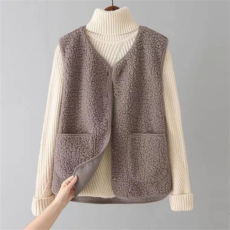 Side detail of the Celeste soft comfort vest highlighting side button accents