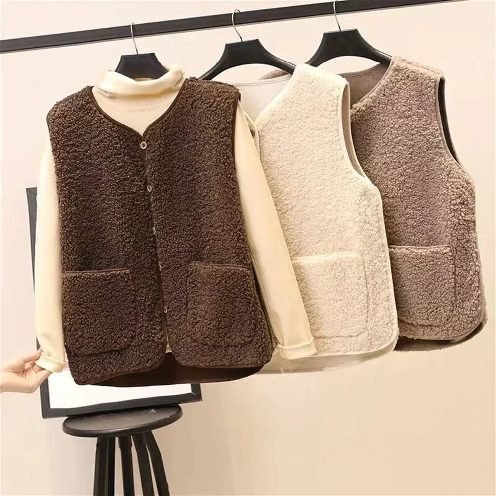 Close-up of the plush teddy blend fabric on the Celeste soft comfort vest in brown