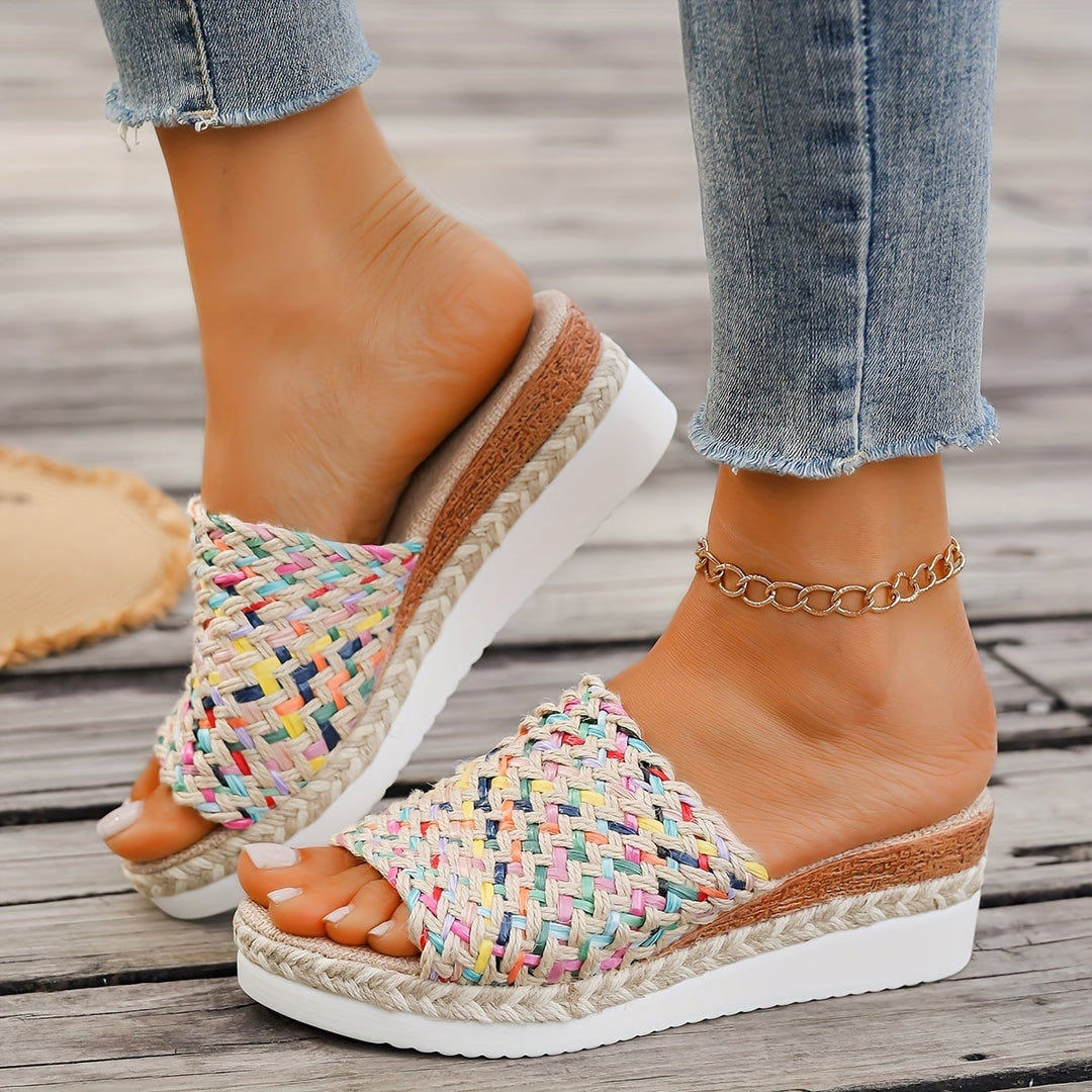 Celeste woven wedge sandals in beige color on a clean white background