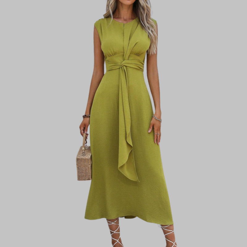 Side view of the Celeste A-line midi dress showing the graceful skirt drape and cap sleeve detail