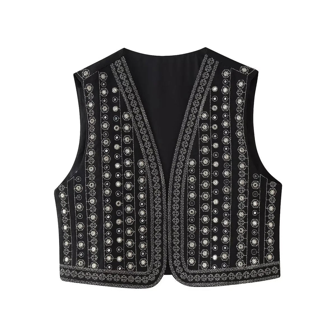 Front view of sequin embroidered boho vest in black showing full open-front cropped silhouette