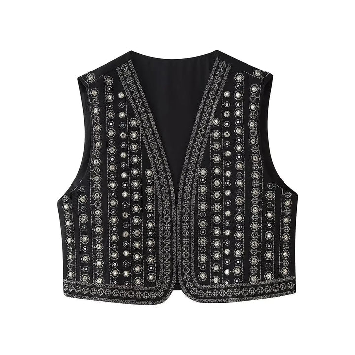 Front view of sequin embroidered boho vest in black showing full open-front cropped silhouette