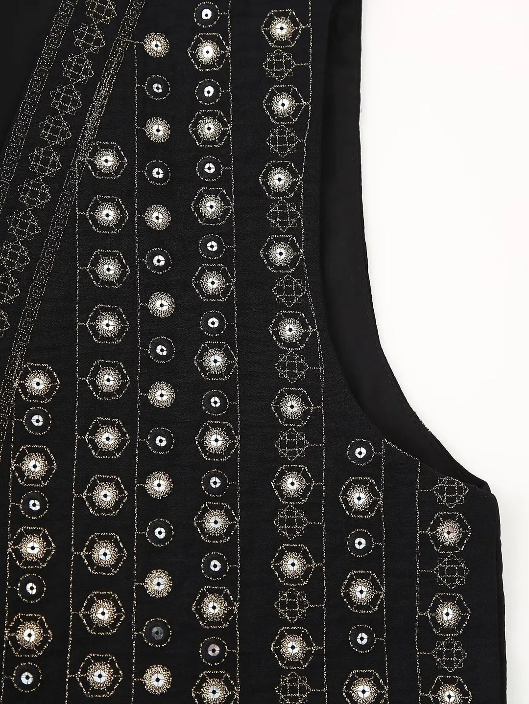 Back view of black sequin embroidered boho vest showing cropped cut and embroidery detail