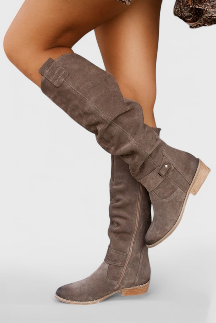 BobaFashion Celine high boots in grey showcasing the snug, secure fit around the leg