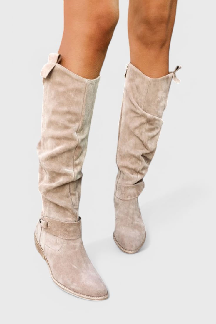 Overhead flat lay of all five color options of the BobaFashion retro-inspired high boots