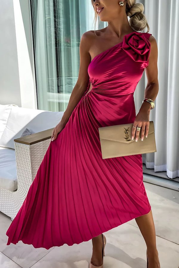 Front view of the Charlotte floral flowy draped cocktail dress in red with a flattering waist and flowing skirt