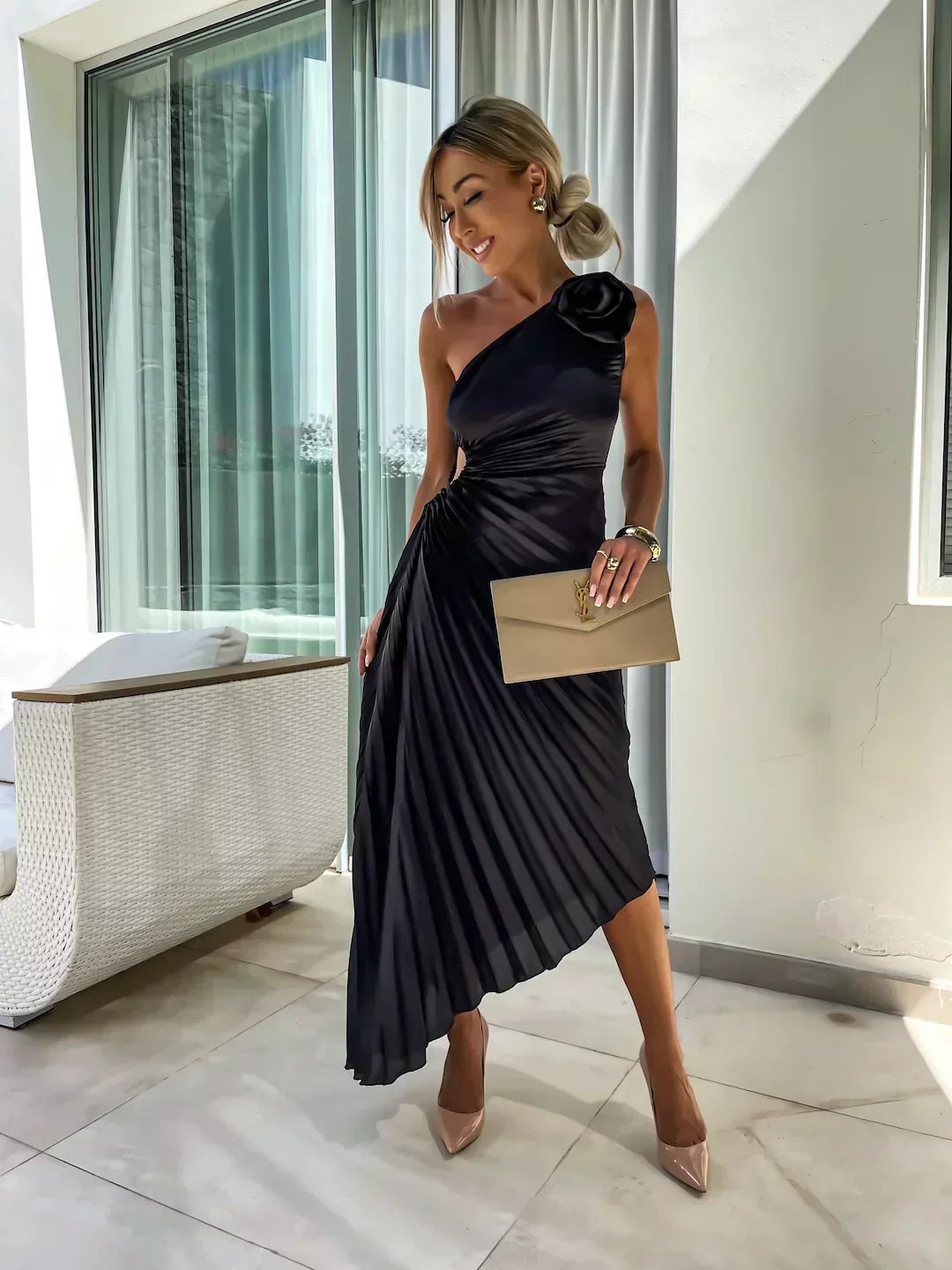 Charlotte draped floral dress in beige offering a soft neutral palette with elegant drape