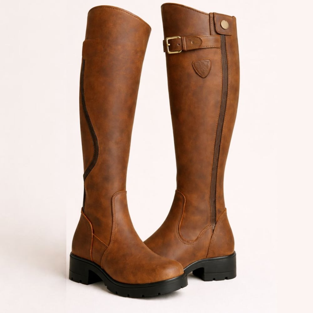 Women's sleek waterproof boots in brown with adjustable closure and slip-resistant sole, styled for everyday wear