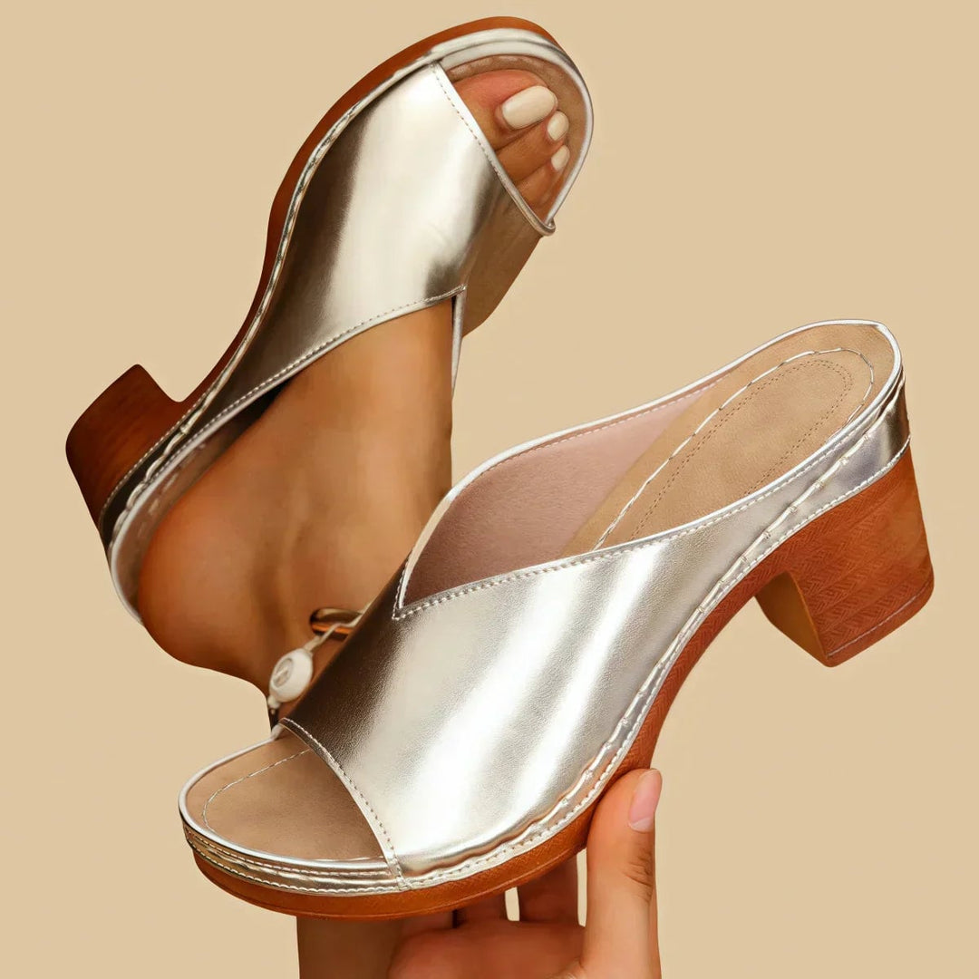 Claudette women's orthopedic flat sandals in gold with cushioned footbed and stable heel